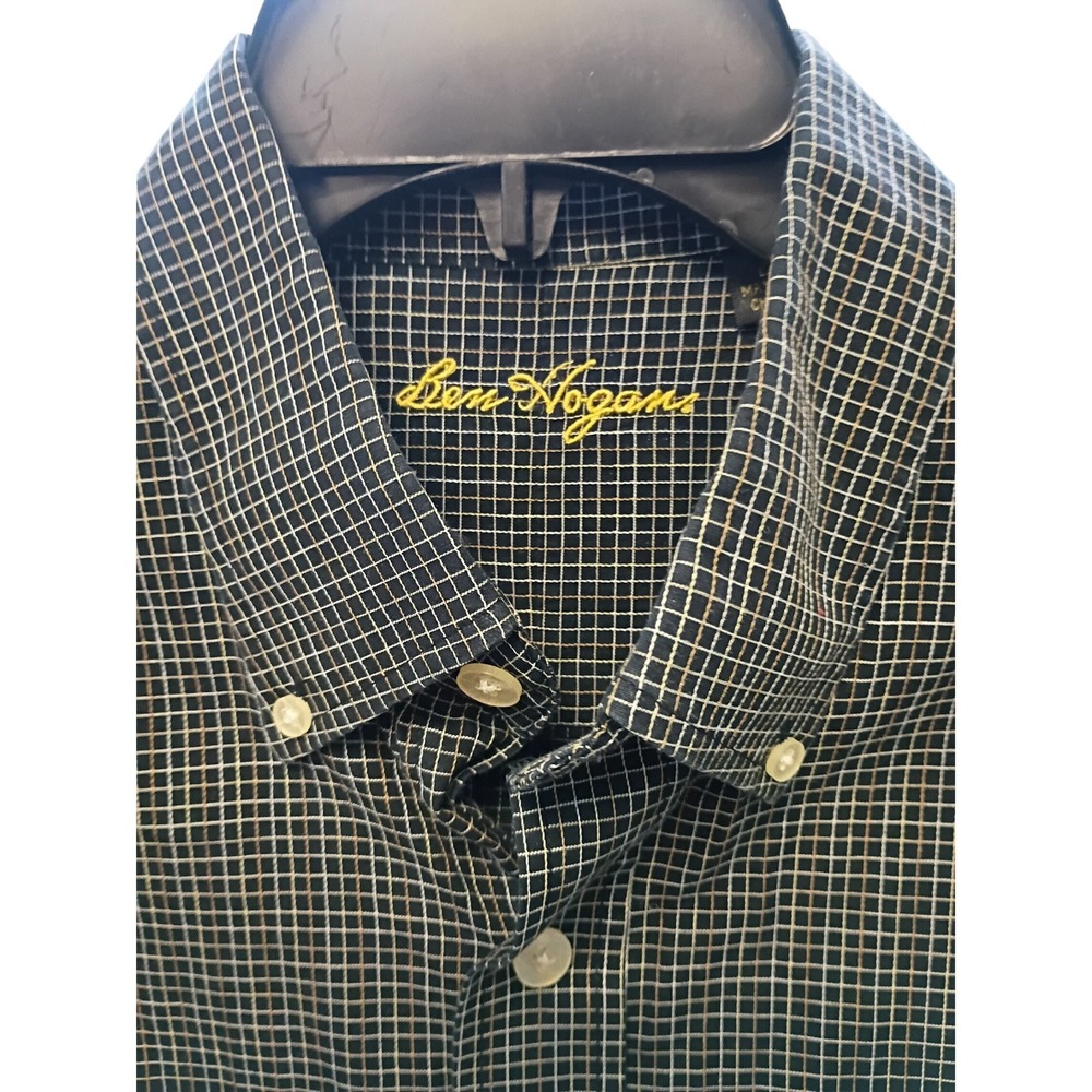 Ben Hogan Mens Large Black White Grid Long Sleeve Button Down Shirt Gold Logo